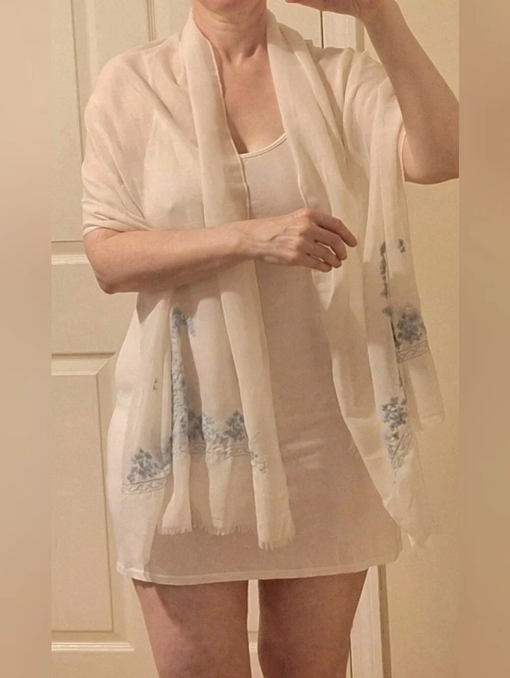 Off-White Scarf w/ Detailed Light Blue Flowers